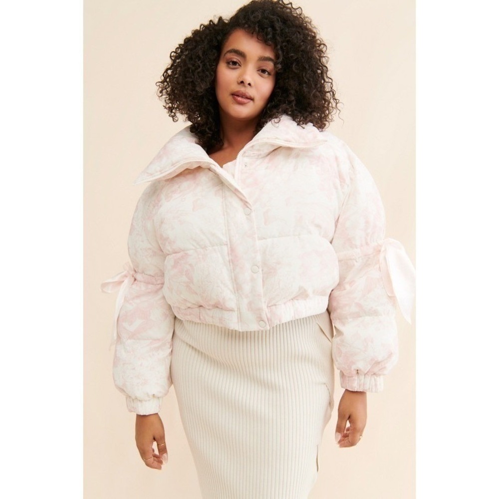SELKIE‎ x FREE PEOPLE Castle Pink 🌸Marshmallow Cropped Puffer Jacket Floral 4x